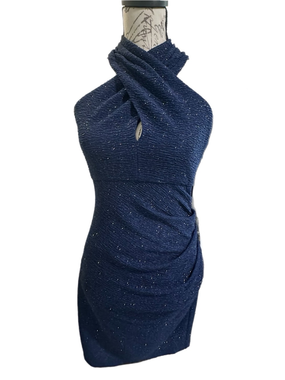 Eliza J Navy Blue Glitter Metallic Halter Neck Sheath Dress Ruched NWT Sz 6P